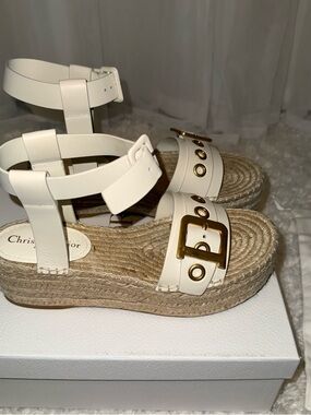 Christian Dior D-Dior Espadrille Platform Sandals Ivory Like New 40
